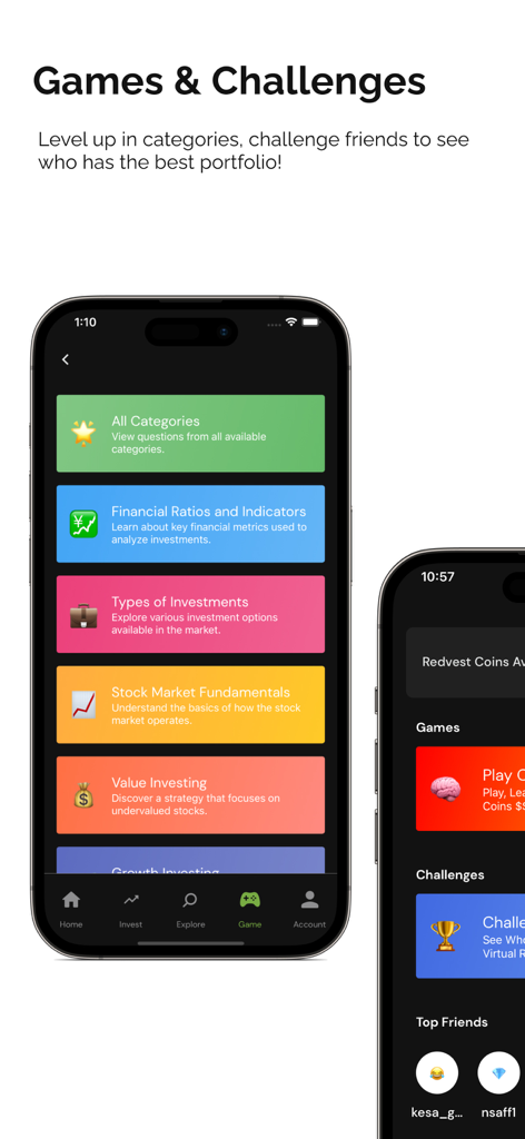 Mobile app screens from Redvest showing stock market educational categories and competitive social challenges.