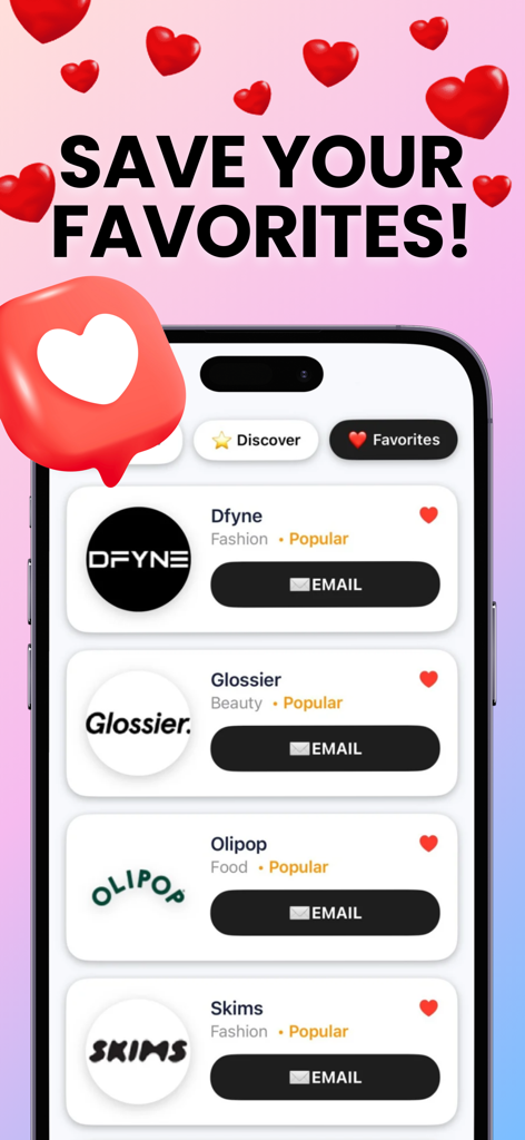 Une interface mobile pour l'application BRANDZ montrant une liste de marques préférées comme Glossier et Skims avec des boutons pour leur envoyer un e-mail pour des opportunités RP