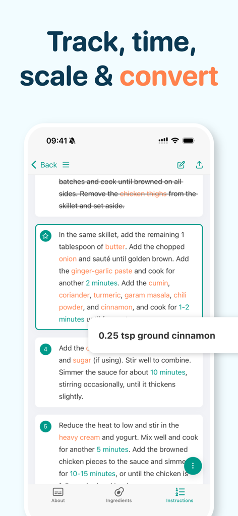 CookBook - Recipe Keeper - CookBook App-Screenshot zeigt interaktive Rezeptanweisungen und Zutatenmengen
