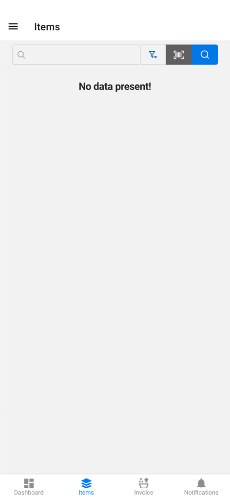 Schermata articoli dell'ERP mobile Elastik con barra di ricerca e scanner di codici a barre.