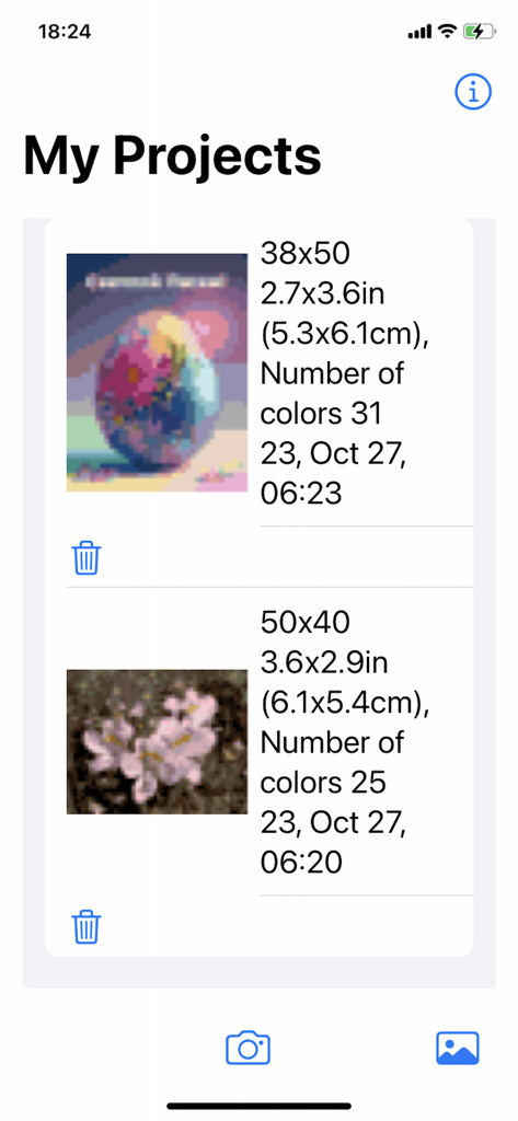 My Projects dashboard in the Stitch Creator app showing a list of saved cross stitch patterns with details.