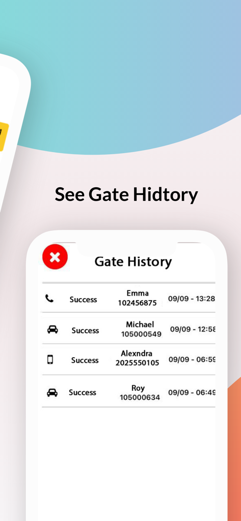 opengate. - A mobile interface from the opengate app showing a log of successful gate entries with names and timestamps
