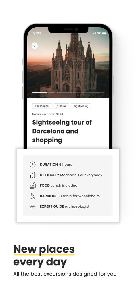 Costa Cruises - Screenshot dell'app Costa Cruises che mostra i dettagli di un'escursione per un tour turistico e di shopping a Barcellona.