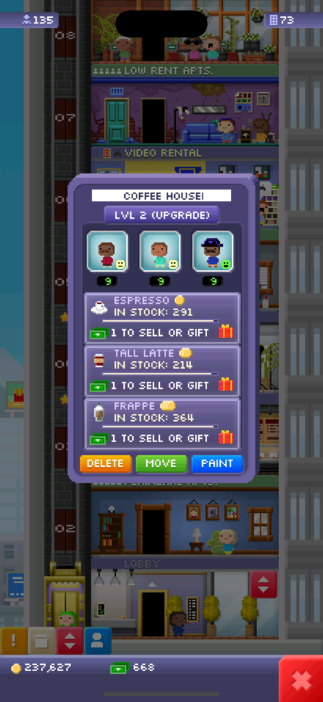 Tiny Tower Classic - A pixel art interface showing the Coffee House management screen with employees and inventory in Tiny Tower Classic