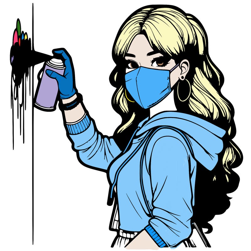 realistic girl with mask spray painting a wall