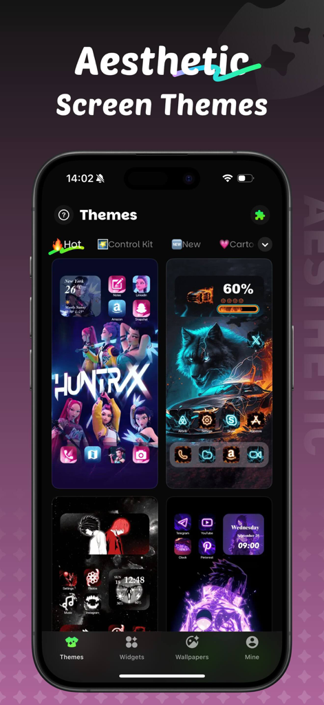 Interface of iThemes app featuring a variety of aesthetic home screen themes and widgets for iPhone customization