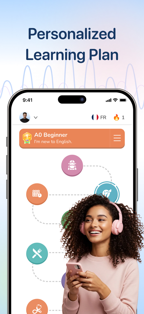 Smartphone screen displaying a personalized English learning plan for beginners on the Lingo AI app