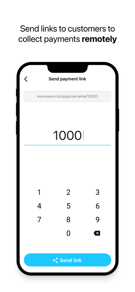 Schermata dell'app Wave Business per l'invio di link di pagamento remoti ai clienti