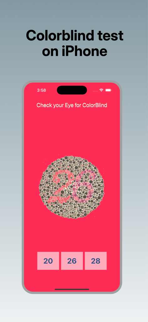 Check your Eye for ColorBlind - Test de daltonismo Ishihara en la pantalla de un iPhone mostrando una lámina con números ocultos