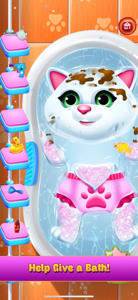 분홍색 거품과 목욕 장난감을 가지고 거품 목욕을 하는 얼룩진 흰색 만화 아기 고양이.