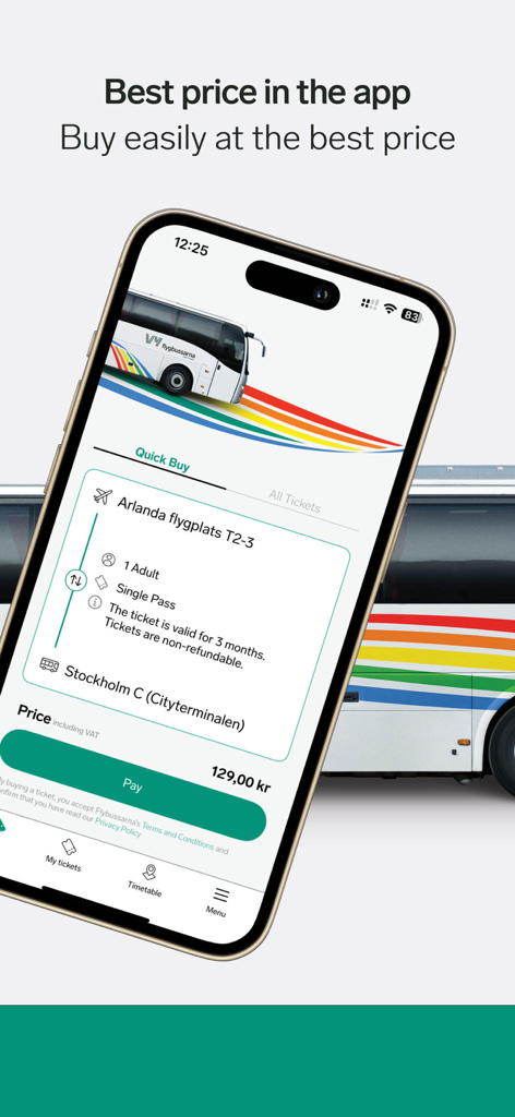 Vy flygbussarna - Interface of Vy flygbussarna app for purchasing a bus ticket from Arlanda Airport to Stockholm
