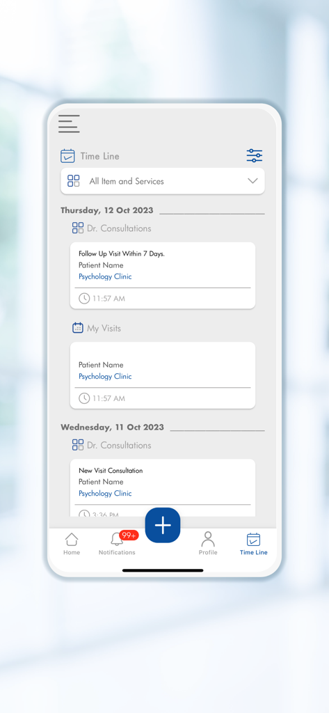Elite Hospital - مستشفى النخبة - Mobile app screen showing a chronological timeline of medical consultations and clinic visits