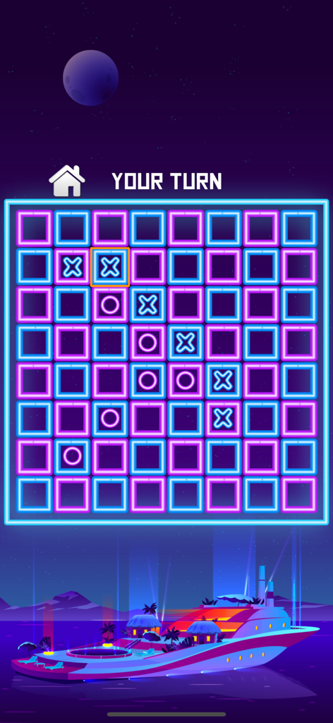 Chess 2 in 1 for Watch & Phone - Tablero de juego de Tres en Raya de neón con símbolos XO en una cuadrícula de ocho por ocho