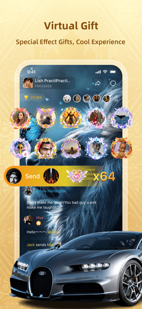 Ohma: Games and Party - Interface de presente virtual do aplicativo Ohma com efeitos especiais e chat social