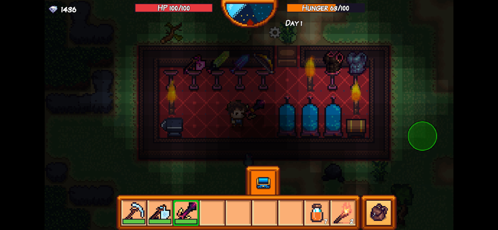 Interior view of a player base with armor stands and weapons in Pixel Survival Game 3