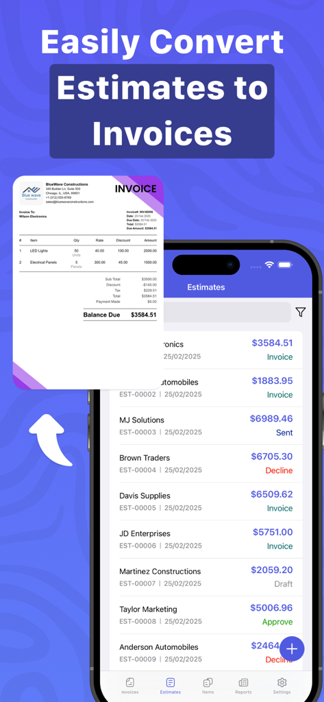 Invoice Maker & Estimate - ビジネス見積書のリストとプロフェッショナルな請求書テンプレートを示すモバイルアプリの画面