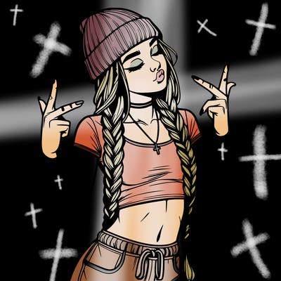 realistic teenage girl with braids and a beanie and crop top doing 🫶🏼