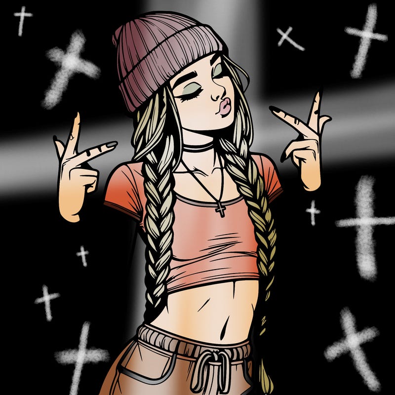 realistic teenage girl with braids and a beanie and crop top doing 🫶🏼
