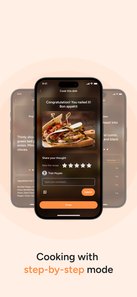 Food Simp: Cook by Ingredients - A screenshot of the Food Simp app showing a completed recipe in step-by-step mode with a prompt to rate and review the dish