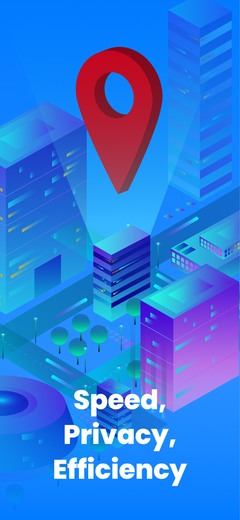 Roter Standort-Pin über einer stilisierten blauen Stadt mit dem Text Geschwindigkeit, Datenschutz, Effizienz.