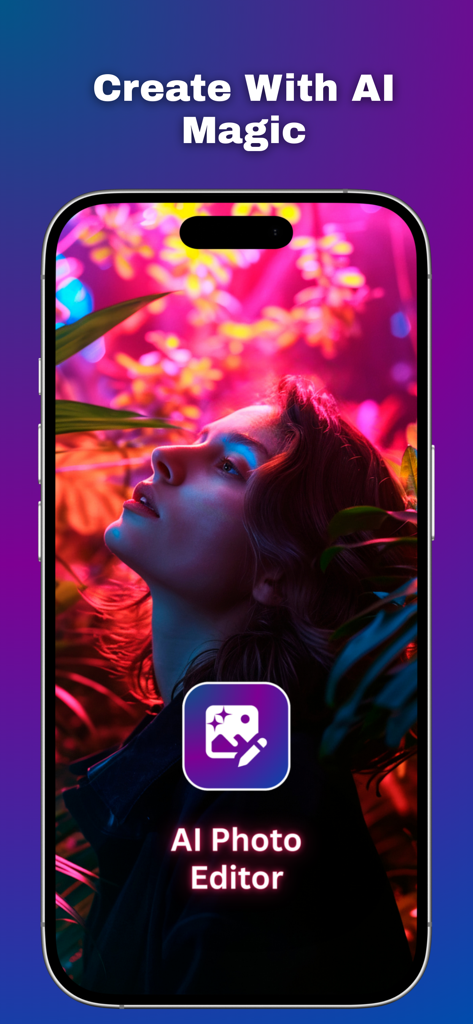 iPhone screen displaying a vibrant neon portrait edited with the AI Photo Editor app