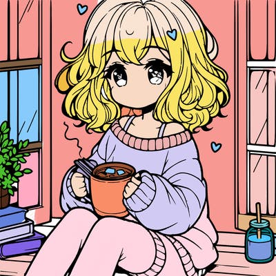 cute anime girl reading book and drinking hot chocolate from mug with loose wavy hair wearing a baggy sweatshirt and shorts sitting by windowsill looking out