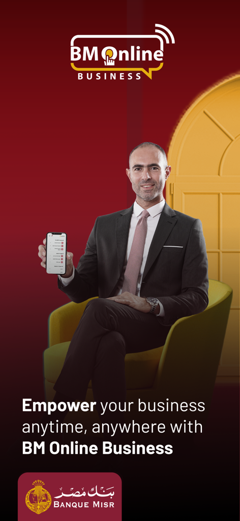 BM Online Business - Businessman holding a mobile phone with the BM Online Business app interface