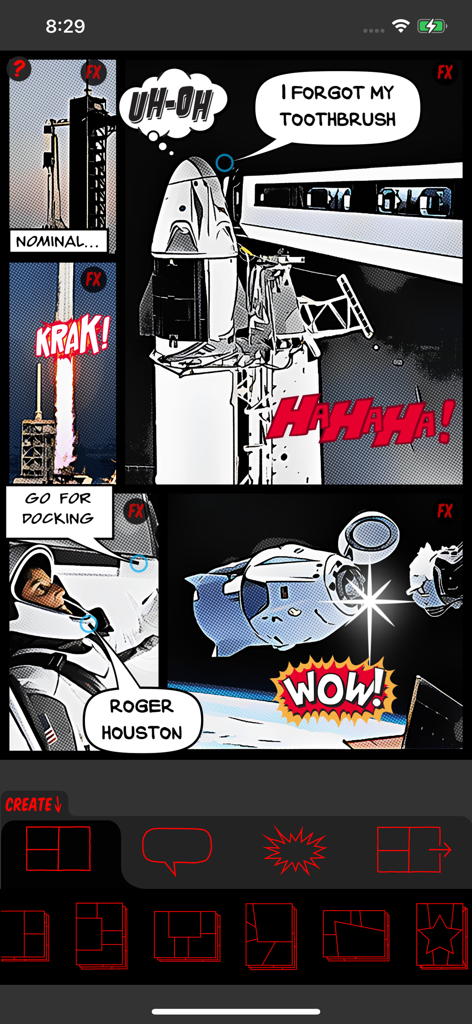 A multi-panel space-themed comic strip created in the ComicBook app featuring photos with halftone filters and speech bubbles