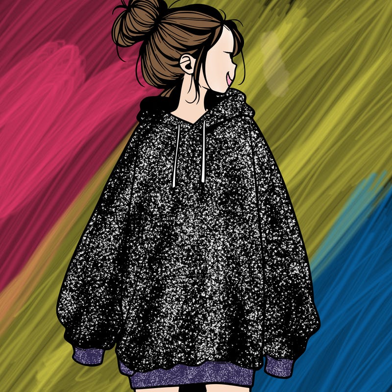 realistic girl with a oversized sweatshirt on and a bun
