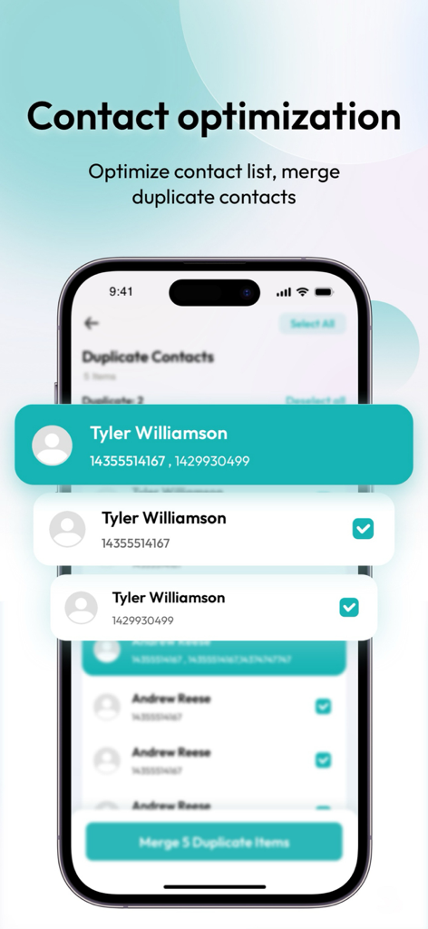 重複電話連絡先をマージするための連絡先最適化機能が表示されているスマホ画面。