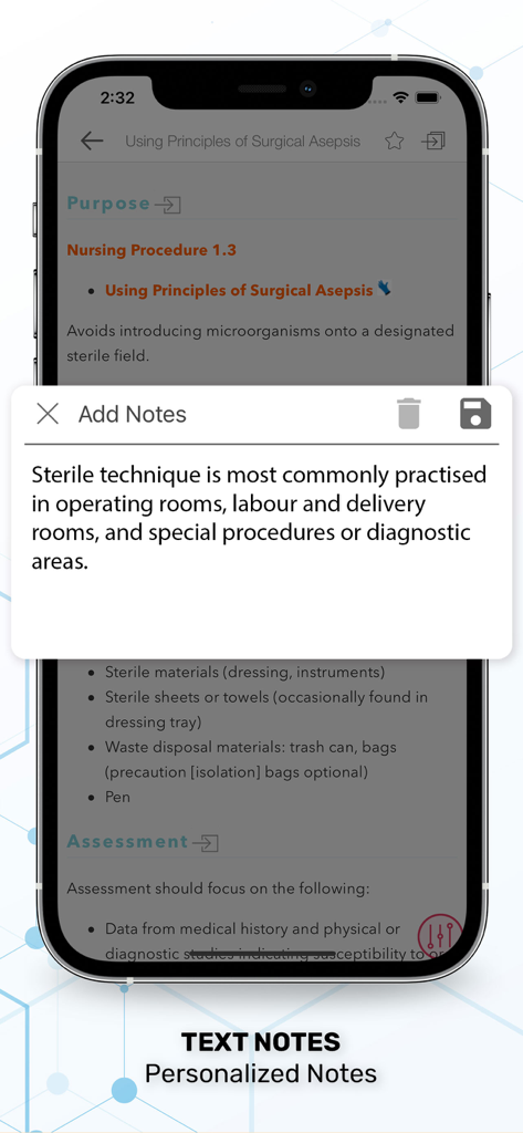 A screenshot of the Nurse Guide Clinical Procedure app showing how users can add personalized text notes to a clinical nursing procedure.