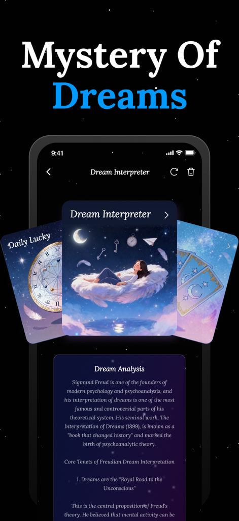 Lunaria AI - Soulmate Drawing - Una interfaz móvil que muestra el intérprete de sueños y la herramienta de análisis de Lunaria AI con un fondo estrellado.