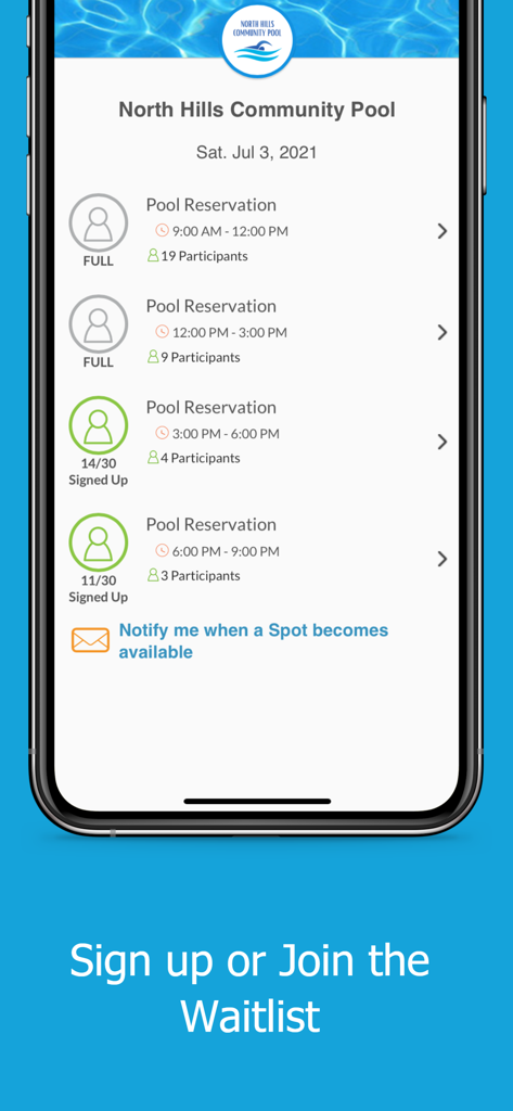A mobile app interface for booking community pool time slots and joining waitlists
