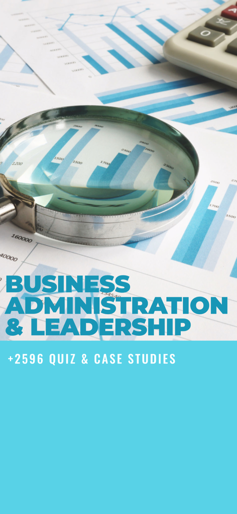 Business Administration and Leadership app interface showing over 2500 quizzes and case studies