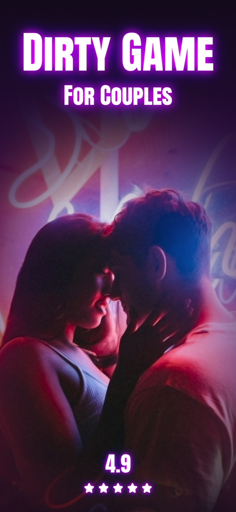 Love roulette - couple - Un couple intime dans une étreinte romantique sous des néons avec le texte "Dirty Game For Couples"