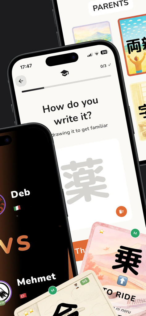 Kanjidon - Kanji Flashcards - Interfaz de la aplicación Kanjidon que muestra práctica de escritura de kanji y cartas coleccionables.