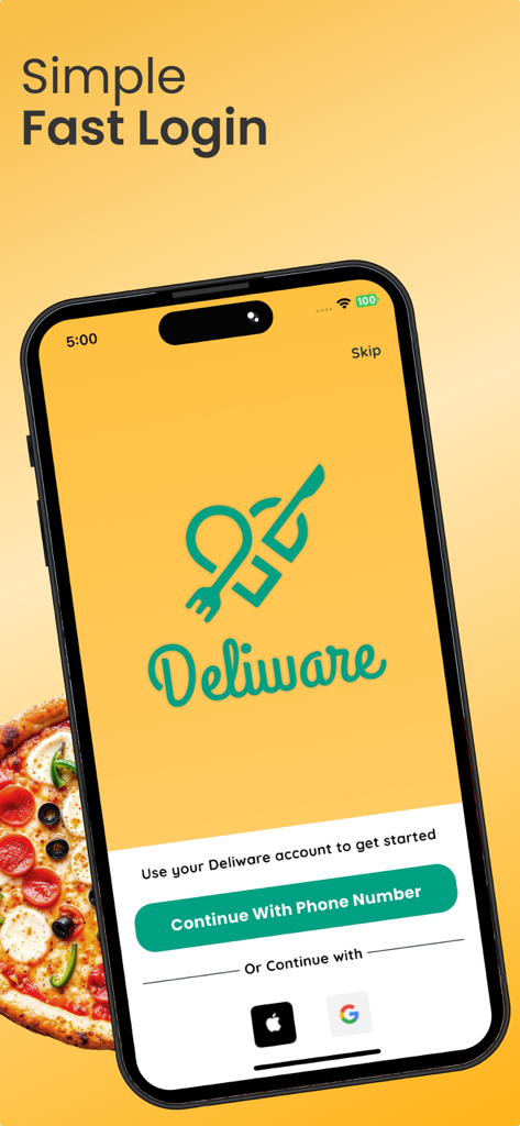 DeliWare - Food Delivery - DeliWare food delivery app login screen showing phone number and social authentication options