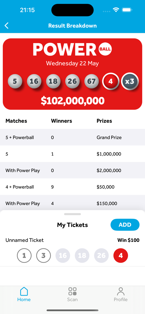 California Lottery Scanner app interface showing Powerball draw results and a scanned ticket with a winning prize.