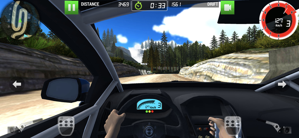 Rally Racer Dirt - First person cockpit view of a car racing on a dirt track in Rally Racer Dirt