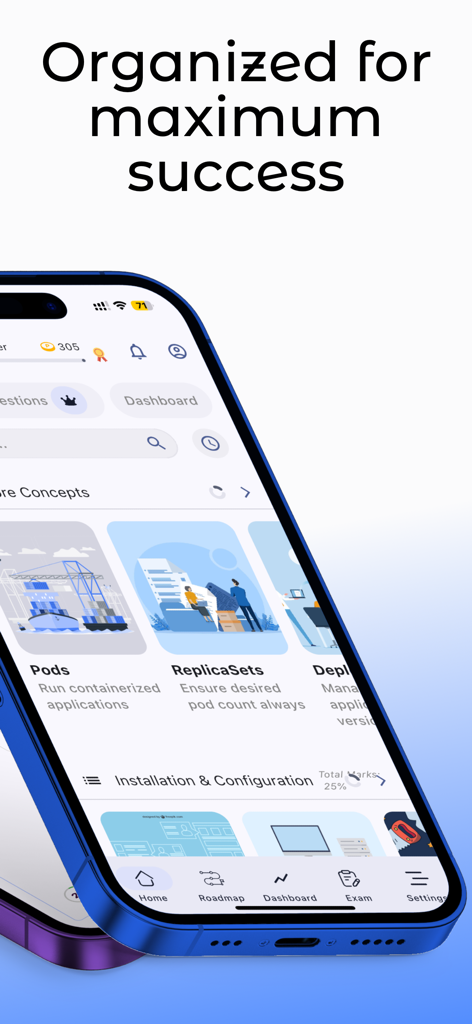 CKA Kubernetes Exam Prep - Pantalla de inicio de la aplicación CKA Kubernetes Exam Prep mostrando conceptos centrales como pods y replicasets