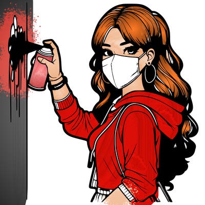 realistic girl with mask spray painting a wall