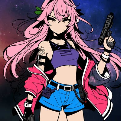 bad girl wearing crop top holding a gun long hair anime