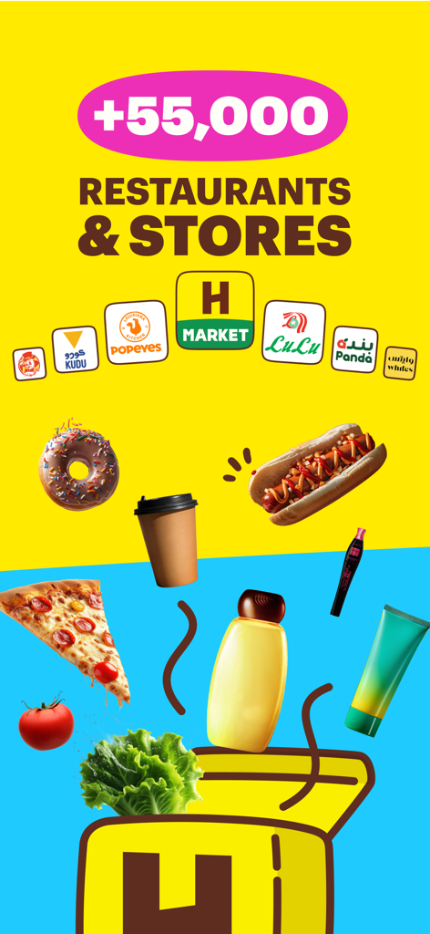 HungerStation - Food Delivery - HungerStation-Werbegrafik mit Lebensmitteln, Lebensmitteln und Apothekenartikeln von über 55.000 Restaurants und Geschäften