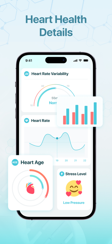 HeartRate Monitor & EZ Fasting - Heart health dashboard showing heart rate variability, heart age, stress level, and heart rate history on a mobile screen.