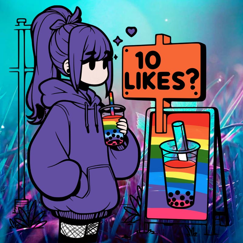 girl with oversized hoodie drinking boba and she has a high ponytail with a sign that says 10likes?