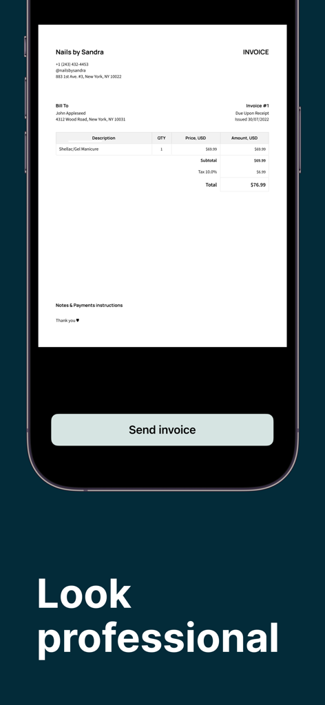 Invoice Maker ▸ Estimate App - Professional invoice template on a mobile phone with a Send invoice button and Look professional text