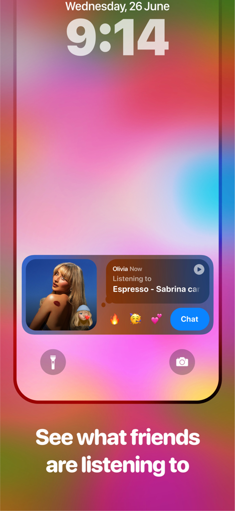 Vibes - BFF mood tracker - iPhone lock screen displaying a Vibes widget showing a friend's live music activity and mood