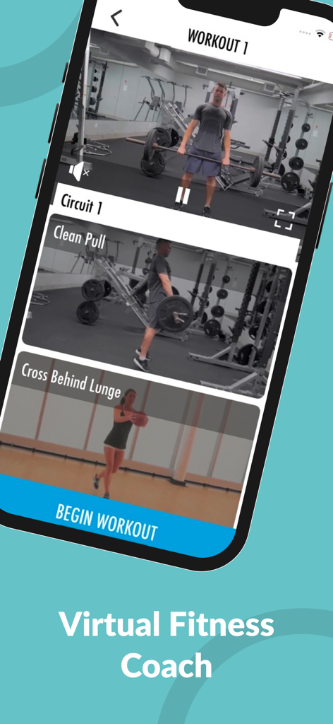 Écran d'application mobile affichant des circuits d'entraînement fonctionnel avec des démonstrations vidéo.