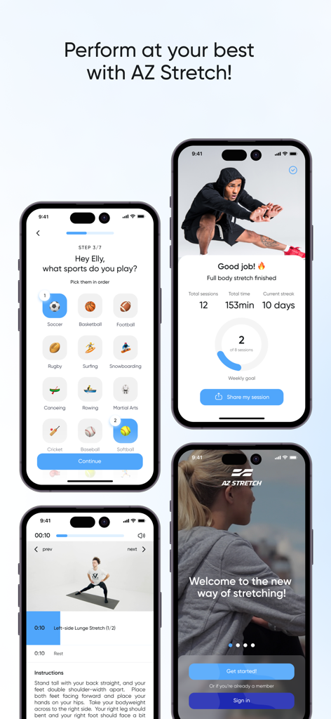 Stretch Zone and Flexibility - Collage of AZ Stretch app screens showing sports-based personalization, progress tracking statistics, and video-guided stretching exercises.
