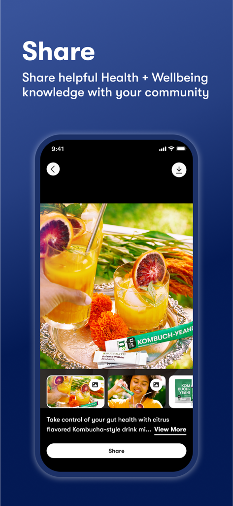 Interface of the Amway plus app showing how business owners share health and wellbeing content with their community